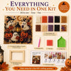 An all-in-one DIY kit featuring pre-printed canvas, beads, paint, and tools for creating Halloween ghost and pumpkin art.