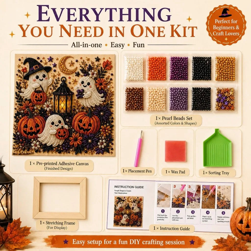 An all-in-one DIY kit featuring pre-printed canvas, beads, paint, and tools for creating Halloween ghost and pumpkin art.