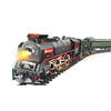 A detailed model of a black vintage steam train set with visible smoke and fire effects on the locomotive.