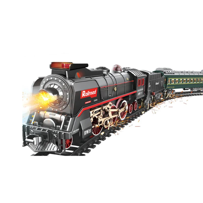 A detailed model of a black vintage steam train set with visible smoke and fire effects on the locomotive.