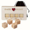 A box of After Dark Date Night dice for a couples game, featuring wooden cubes labeled with suggestions like try coffee or go