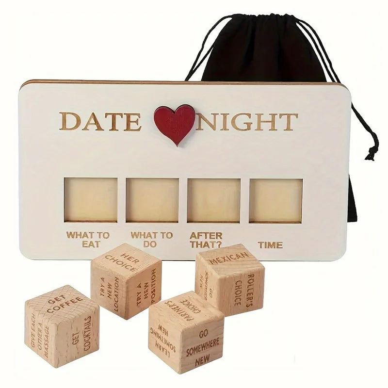 A box of After Dark Date Night dice for a couples game, featuring wooden cubes labeled with suggestions like try coffee or go