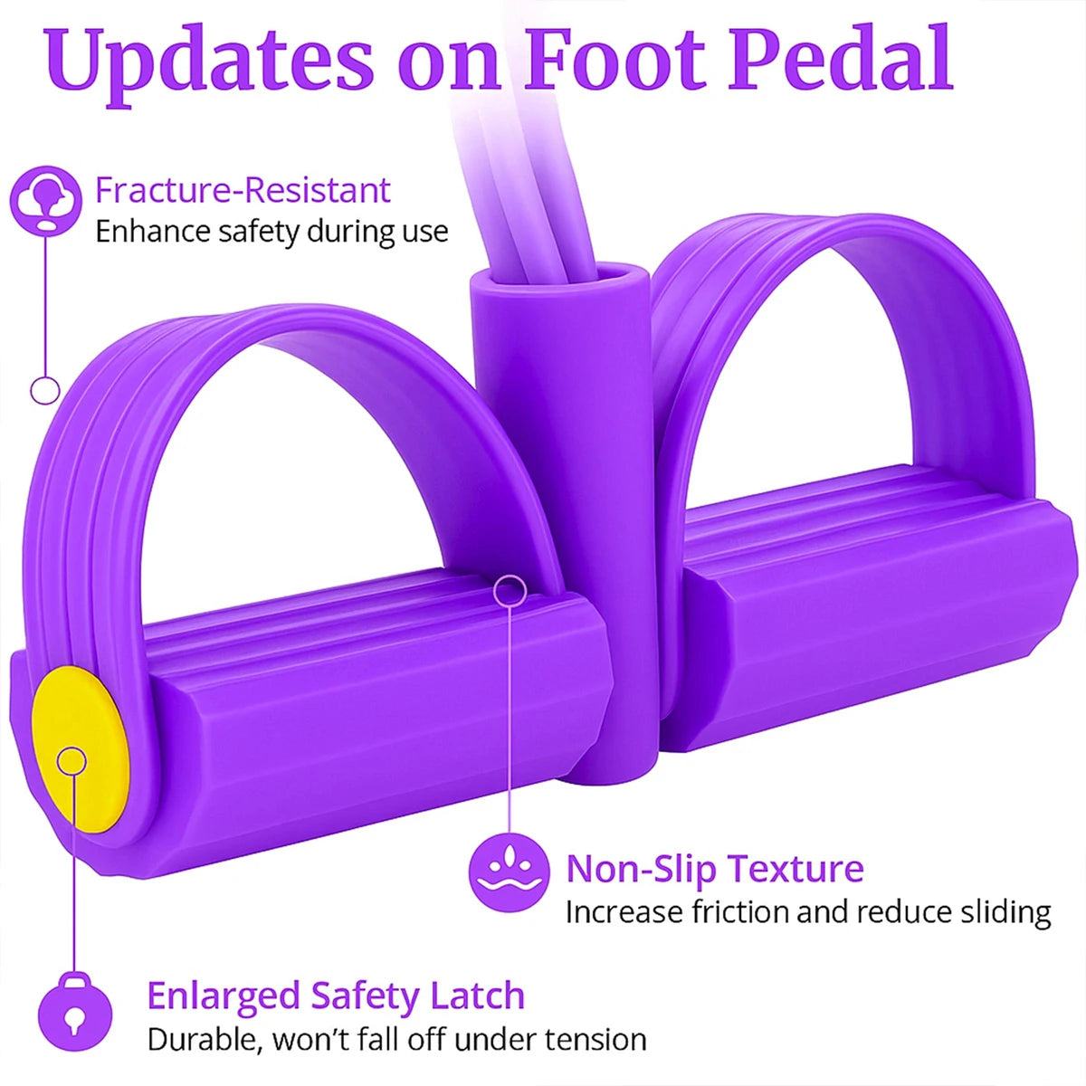 Purple foot pedal resistance band with fracture-resistant design and non-slip texture for safe workouts