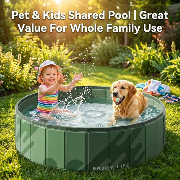 A golden retriever dog is playing in a green pet and kids shared pool outdoors on the grass.