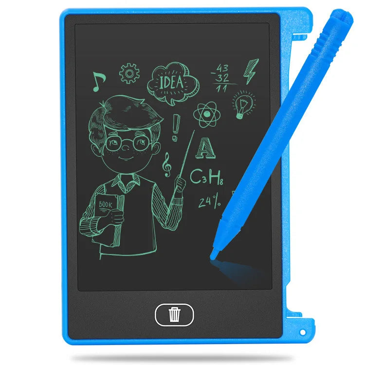 A palm-sized blue LCD writing tablet with a stylus is shown on a black background.