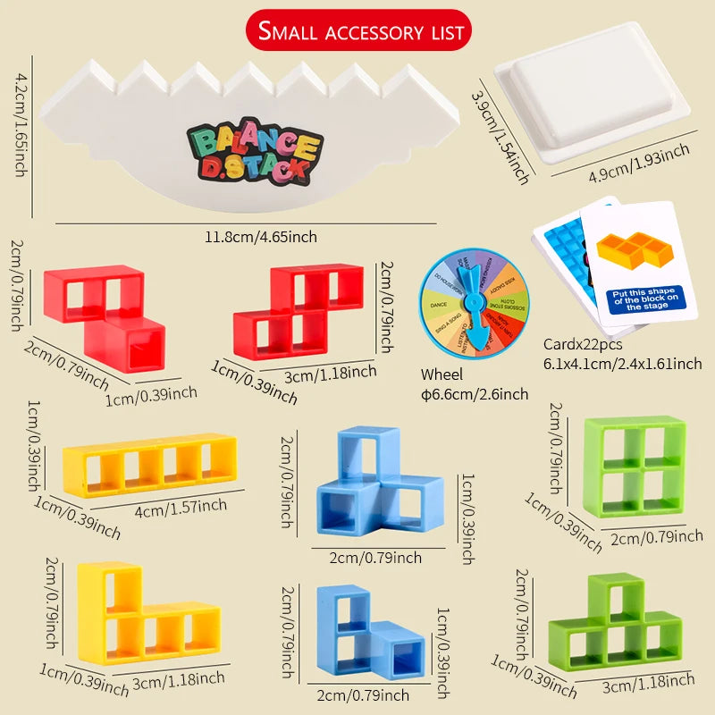 A list of small accessory parts for a balance stacking tower game including various colored wooden blocks and a wheel.