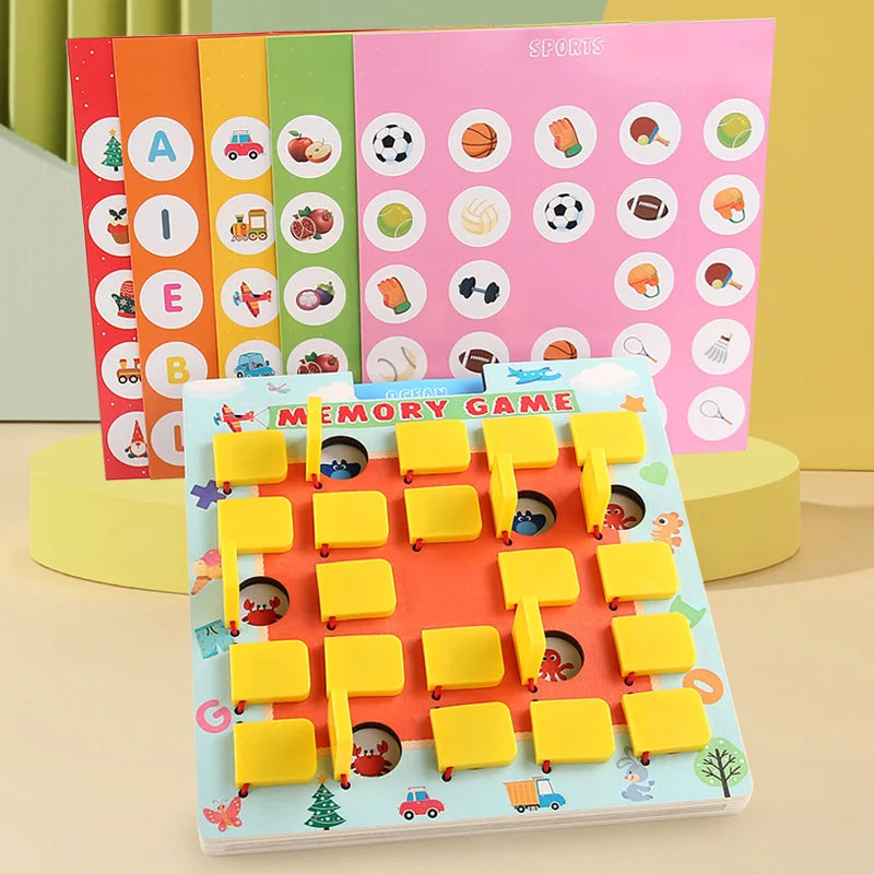 A colorful wooden memory game featuring letter, number, and shape cards for kids.
