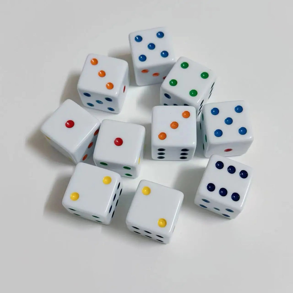 Classic White Acrylic Dice Set – 16mm with Colorful Dots
