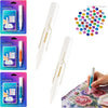 A white automatic diamond painting bead dispenser and precision press tool shown next to a pile of colorful beads.