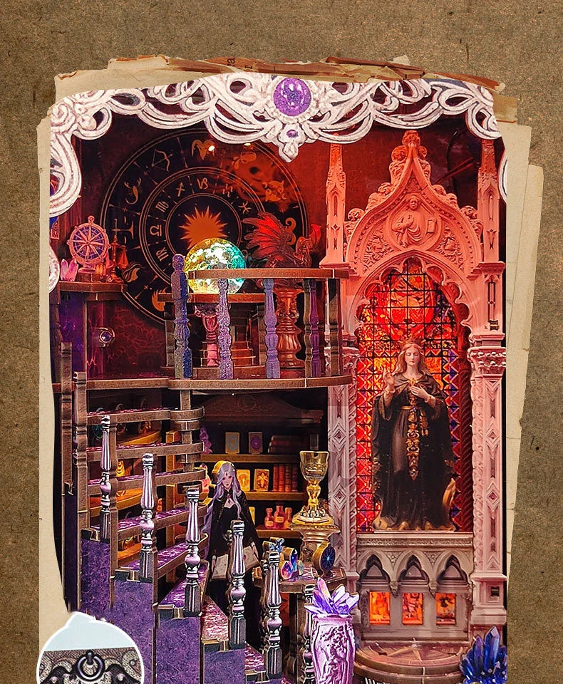 A DIY book nook kit featuring a detailed tarot-themed scene with intricate architecture and LED lighting.