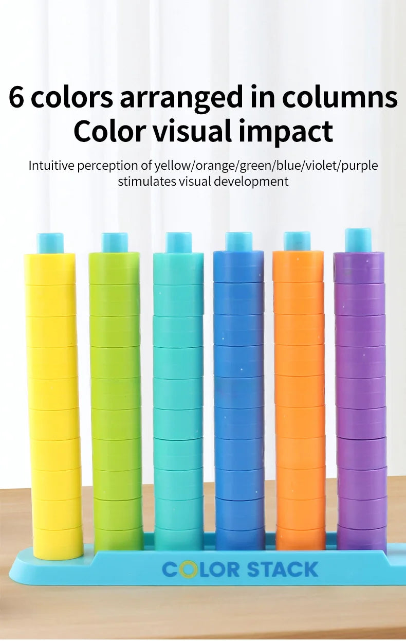 Six colored columns of stacking rings in yellow, orange, green, blue, violet, and purple arranged for visual impact.