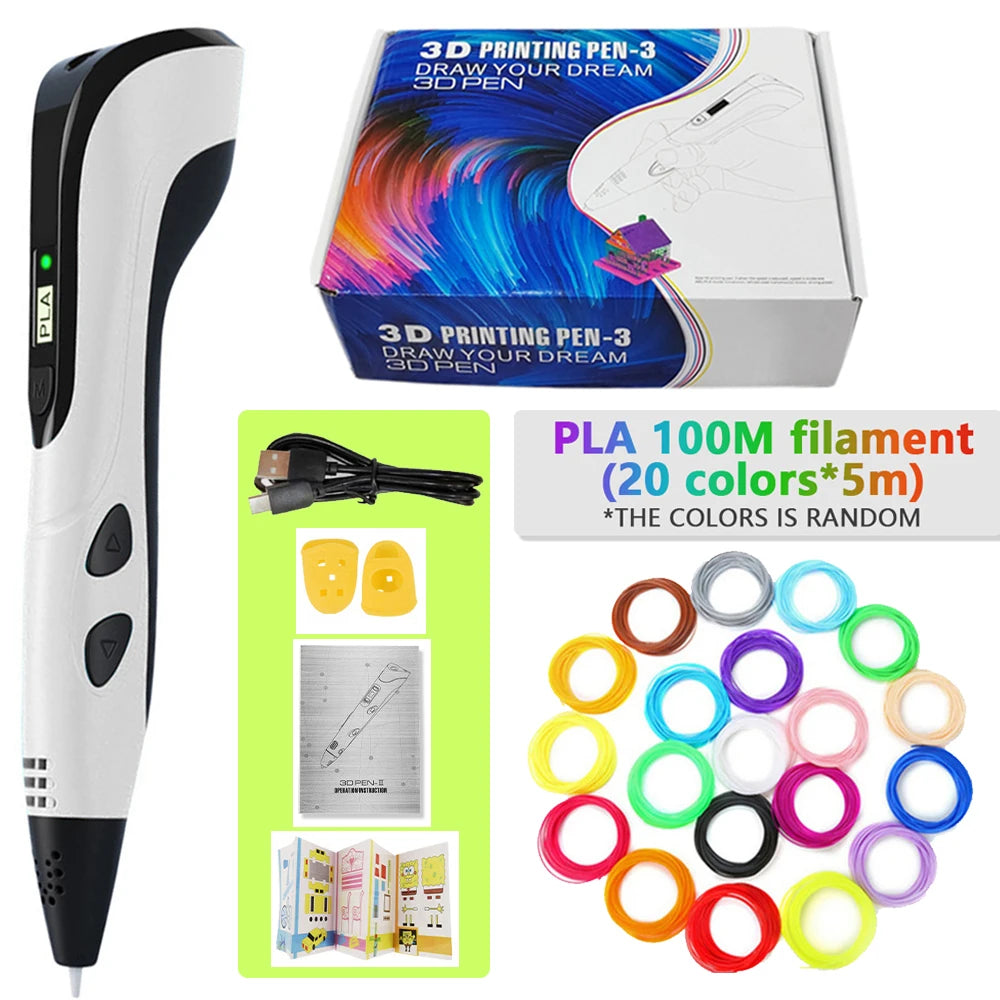 A white 3D printing pen with a black tip and accessories for drawing, along with various colored PLA filaments.