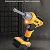 A yellow and black impact drill tool is shown with diagrams illustrating rotational driving and reverse extraction.