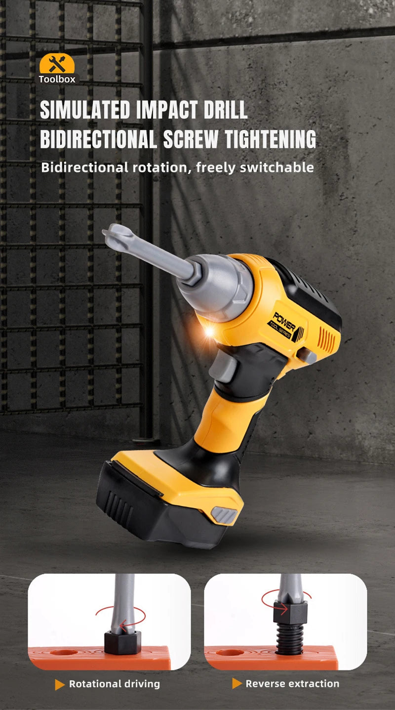 A yellow and black impact drill tool is shown with diagrams illustrating rotational driving and reverse extraction.