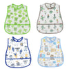 A set of four cute cartoon waterproof baby bibs in various patterns and colors.