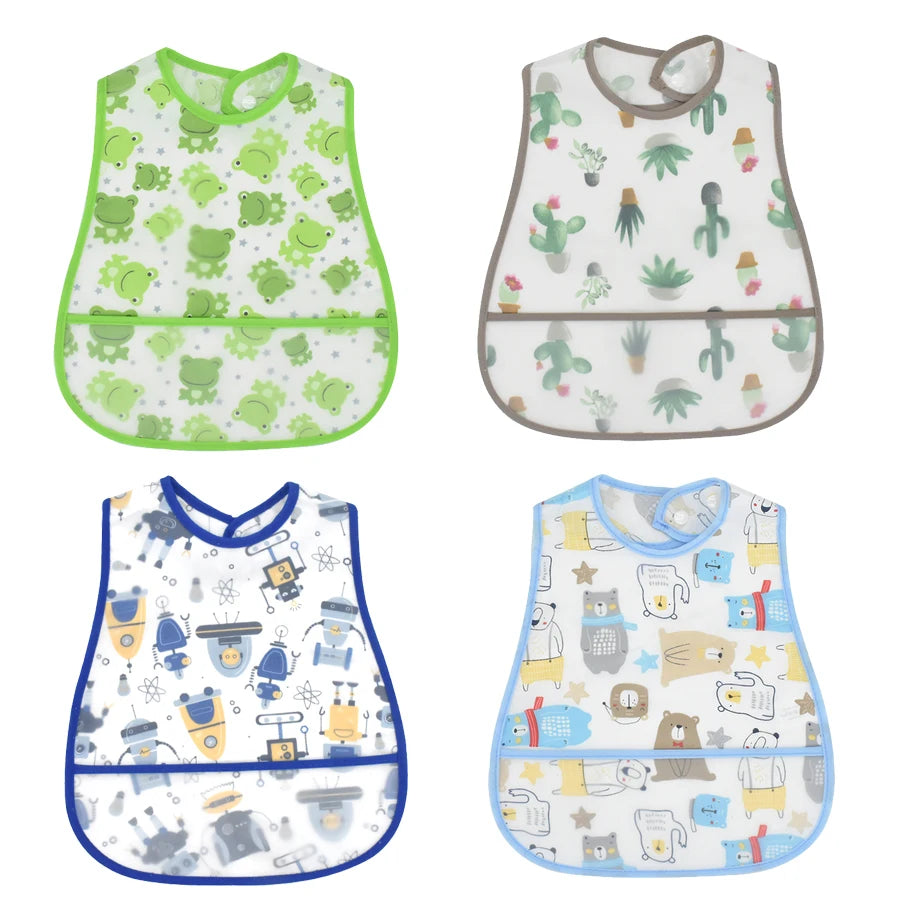 A set of four cute cartoon waterproof baby bibs in various patterns and colors.