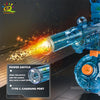 A blue electric water blaster is shown firing a stream of water, demonstrating the power switch and Type C charging port.