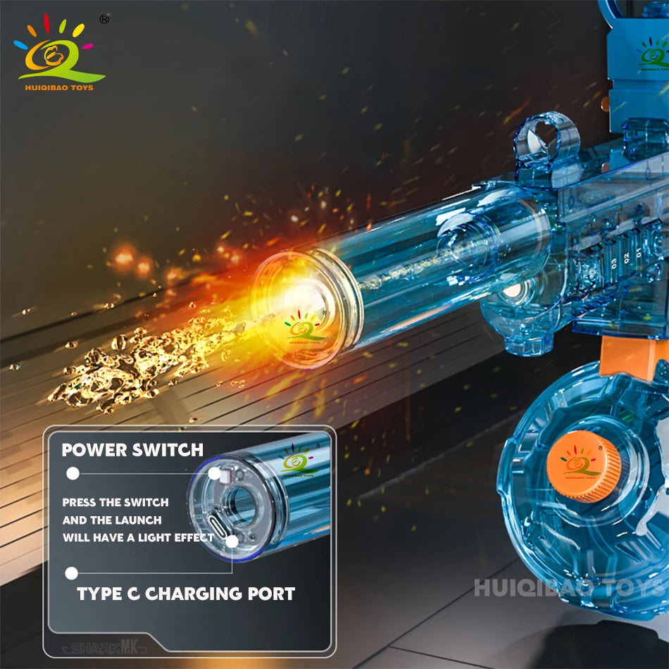 A blue electric water blaster is shown firing a stream of water, demonstrating the power switch and Type C charging port.