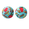 Two round silicone beads featuring fruit designs like apples and pencils on a light blue background