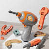 An orange and gray power tool is shown next to various wooden and plastic tools on a white surface.
