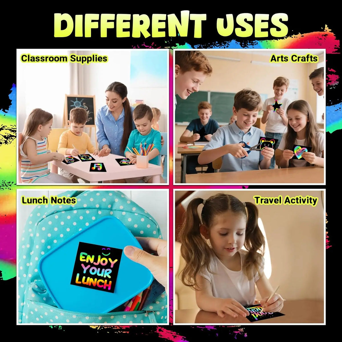 A collage showing different uses of rainbow scratch art paper for kids including classroom supplies, arts crafts, and travel 
