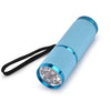 A cylindrical clear UV resin glue tube with a blue textured body and a silver light source and black strap.