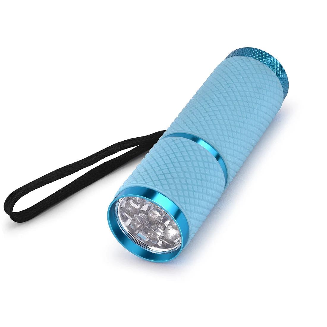 A cylindrical clear UV resin glue tube with a blue textured body and a silver light source and black strap.