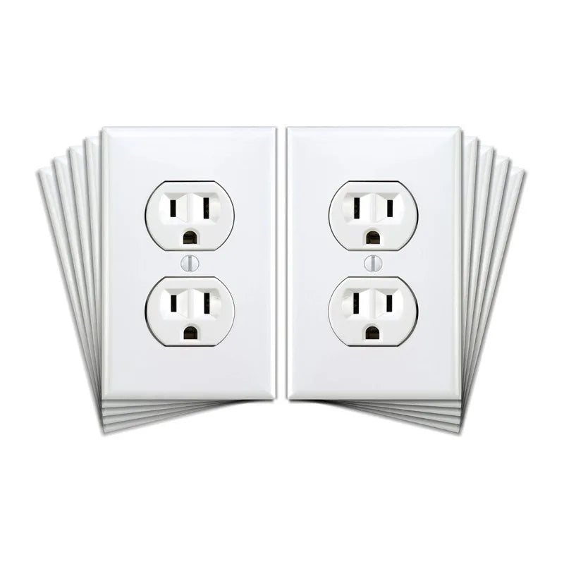 Two white realistic prank wall outlet stickers shown in a fan-like arrangement.