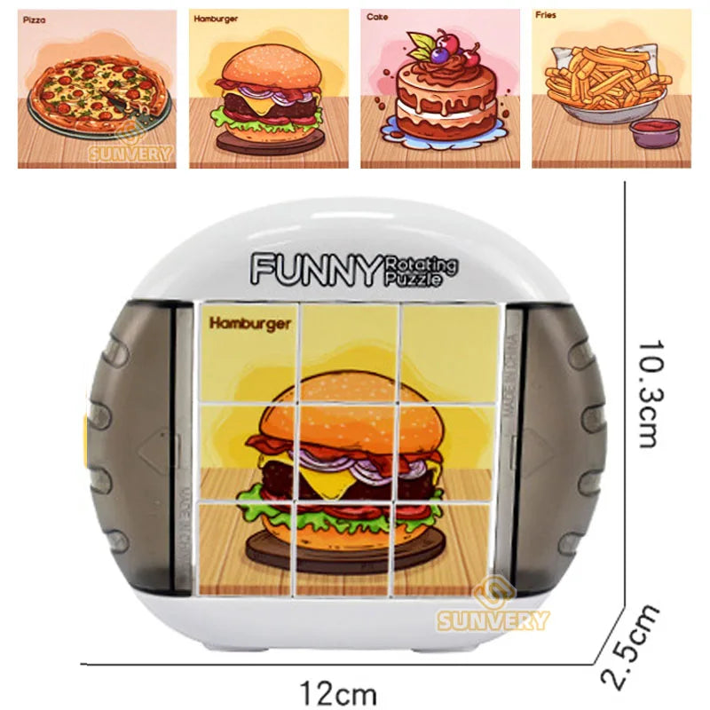 A white rotating puzzle toy featuring a hamburger image, designed as an educational fidget toy for children.