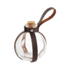 A glass potion bottle with a cork stopper and a brown leather strap, suitable for cosplay.