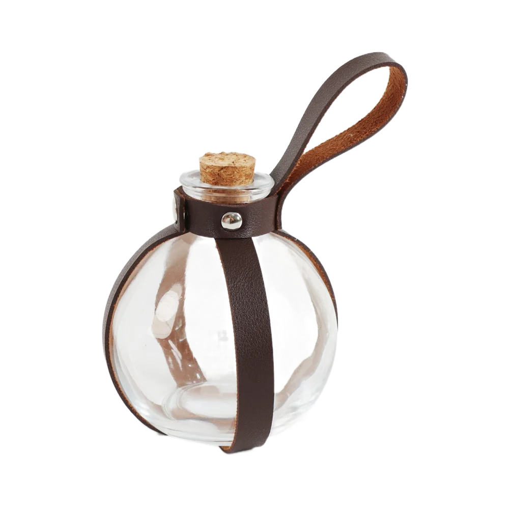 A glass potion bottle with a cork stopper and a brown leather strap, suitable for cosplay.