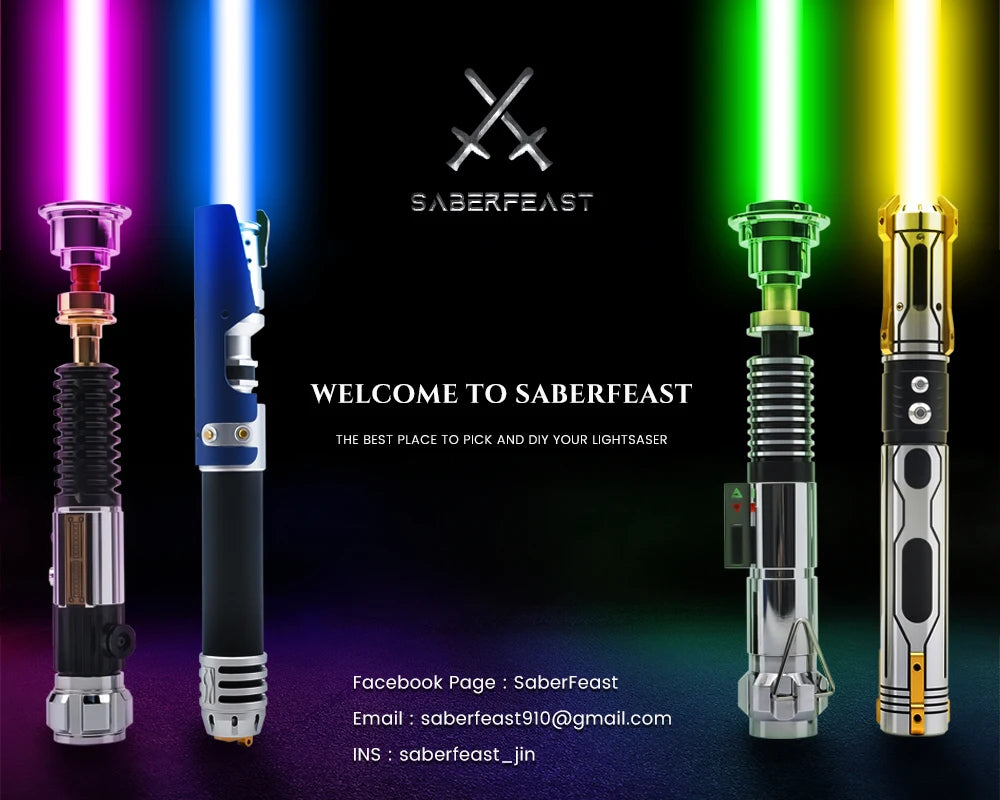 A collection of lightsaber staffs in various colors and finishes displayed against a dark background.