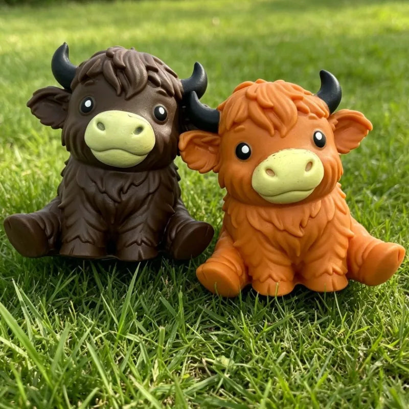 Two squishy stress ball figures of Highland cows, one brown and one orange, sitting on green grass.