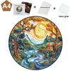A circular wooden jigsaw puzzle depicting a vibrant forest landscape with animal-shaped elements and a sun motif.