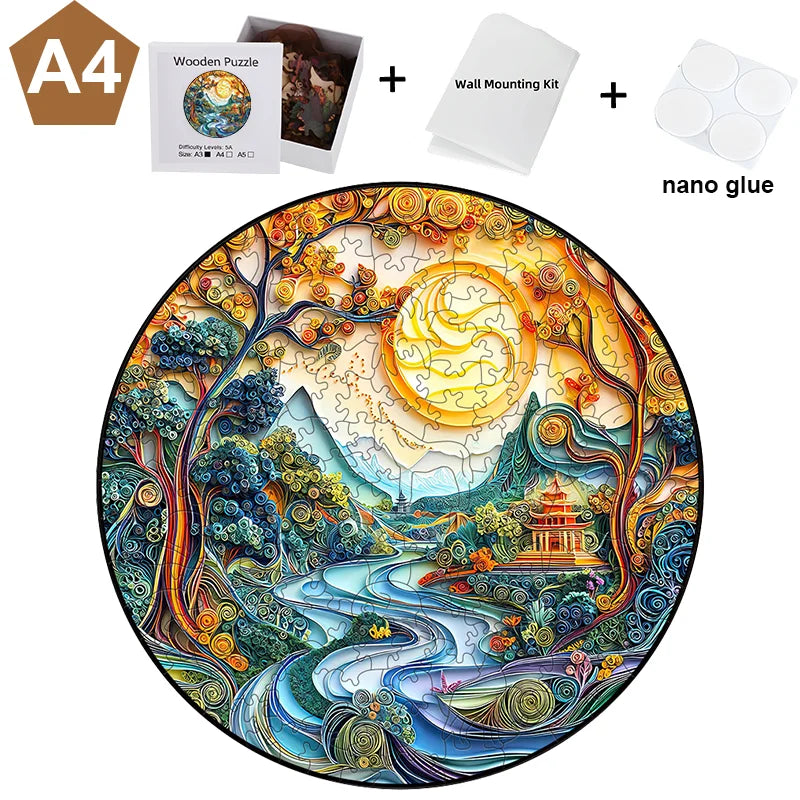 A circular wooden jigsaw puzzle depicting a vibrant forest landscape with animal-shaped elements and a sun motif.