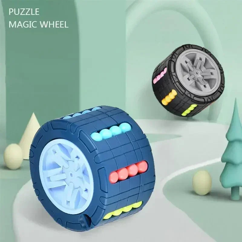A blue puzzle cube with colorful pegs and a rotating wheel is shown next to a tire-like puzzle piece.