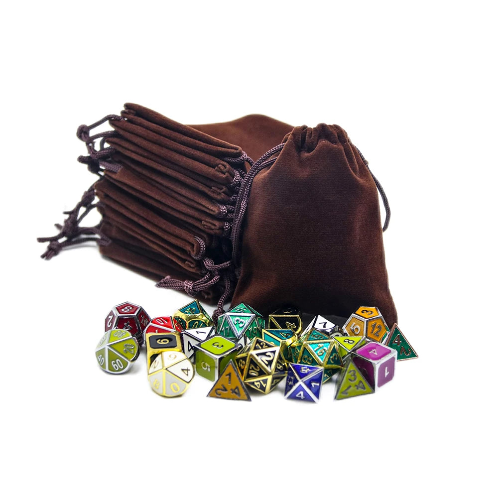 A brown drawstring bag filled with numerous small, colorful dice for tabletop games.
