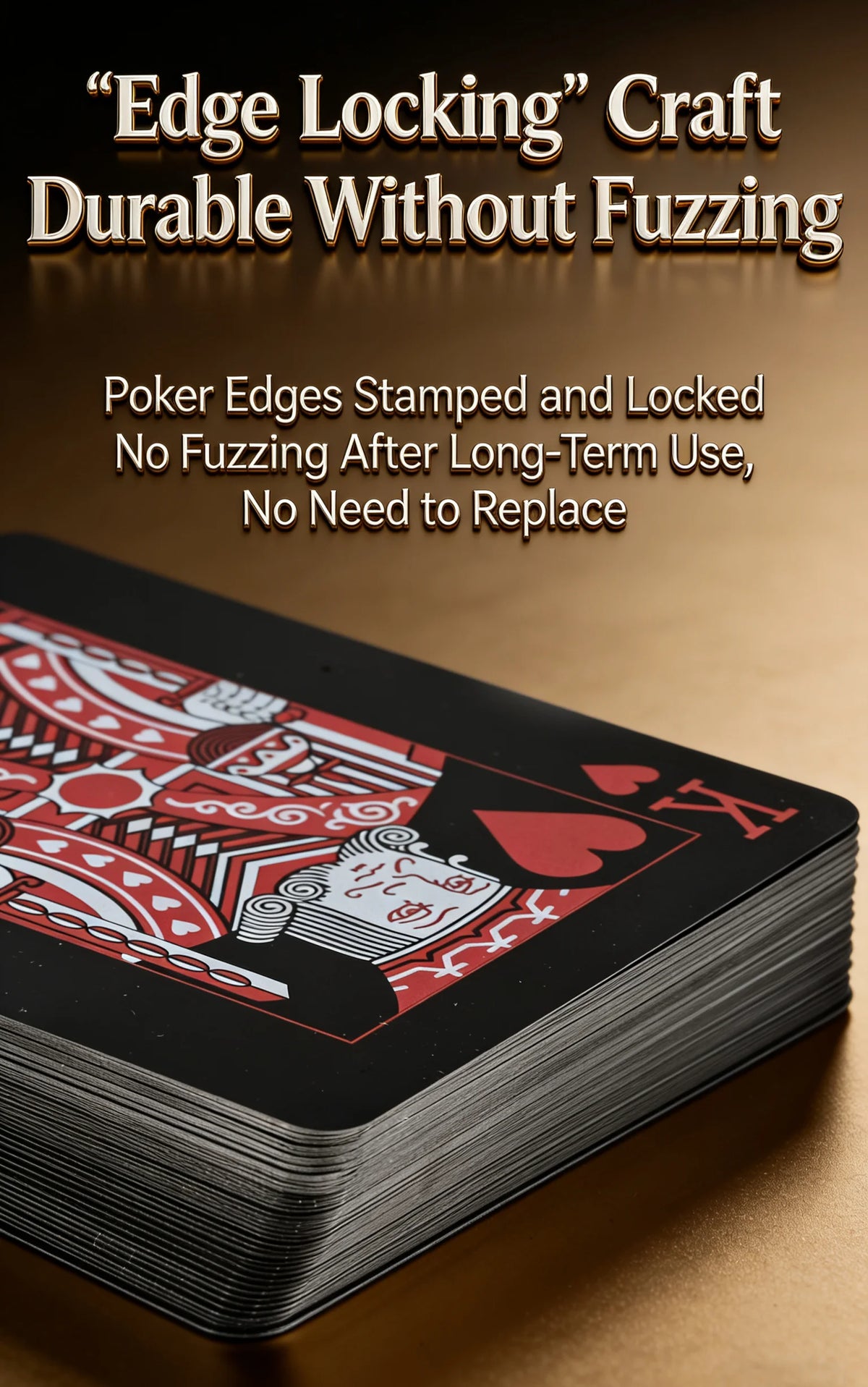A stack of black playing cards with red designs is shown on a wooden surface.