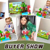 A collage of children playing with and building structures using magnetic building tiles.