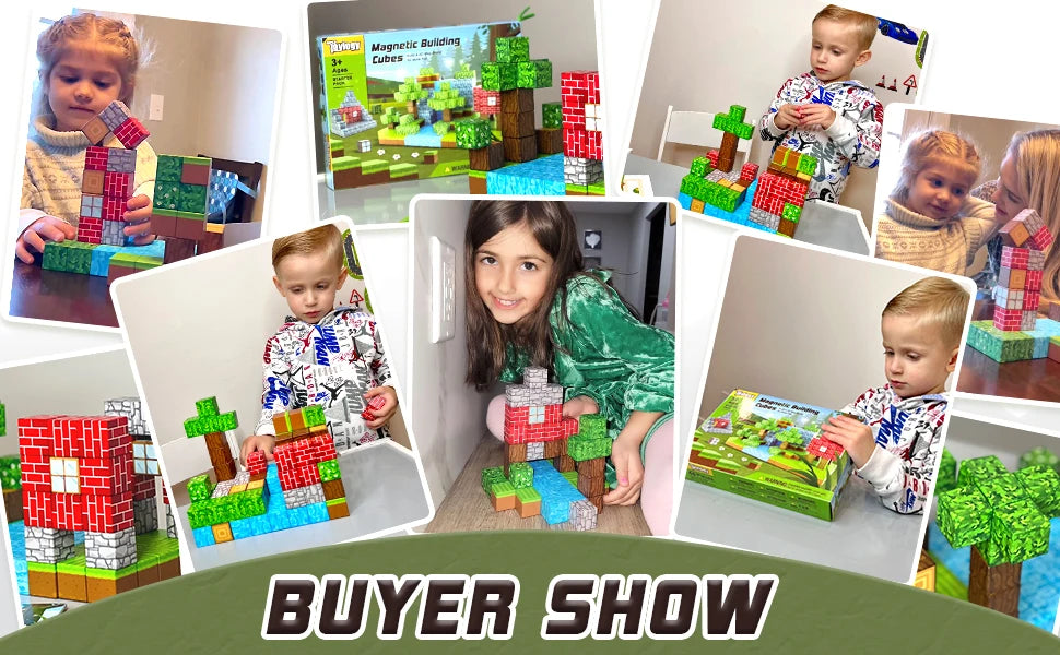 A collage of children playing with and building structures using magnetic building tiles.