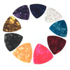 A circular arrangement of ten guitar picks in various shades of purple, blue, gold, and red.