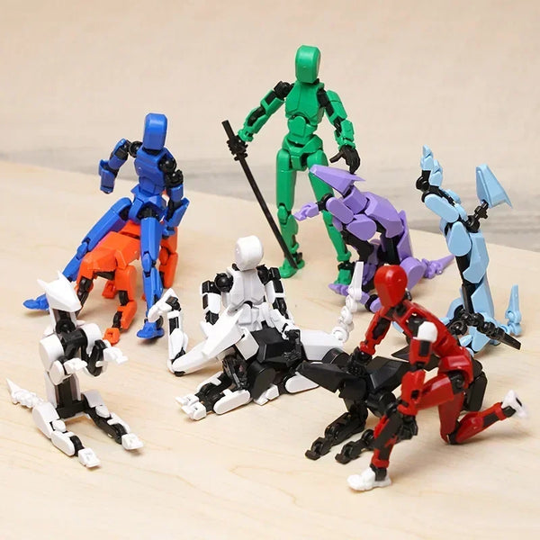 A collection of multi-jointed transformation robot hand puppets in various colors and poses.
