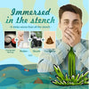 A man holds his nose while a green spray is shown, with text listing different types of stench.