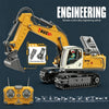 A yellow remote control engineering vehicle excavator with interchangeable parts and features.