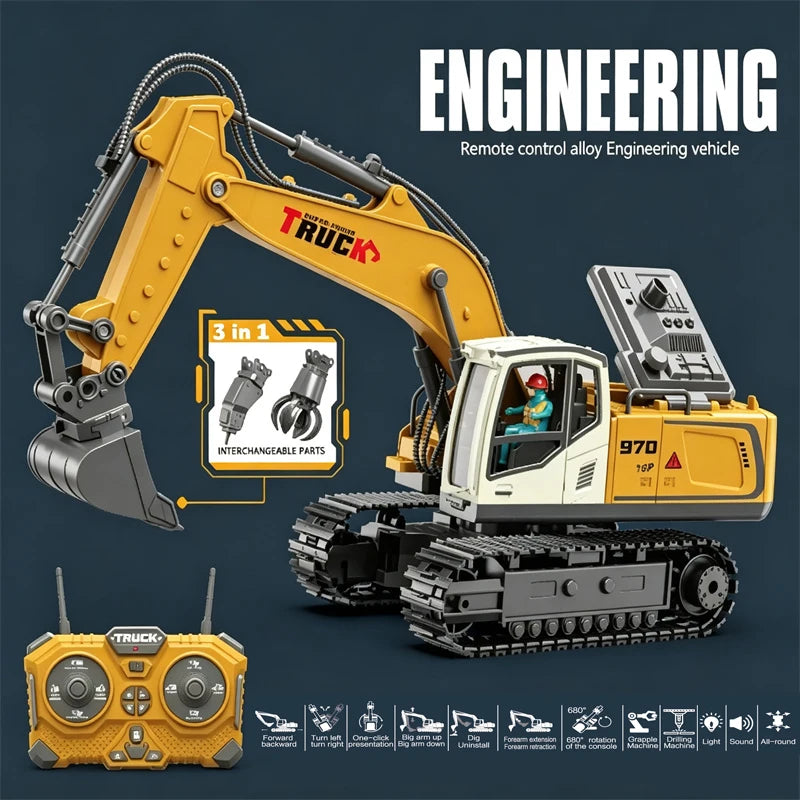 A yellow remote control engineering vehicle excavator with interchangeable parts and features.