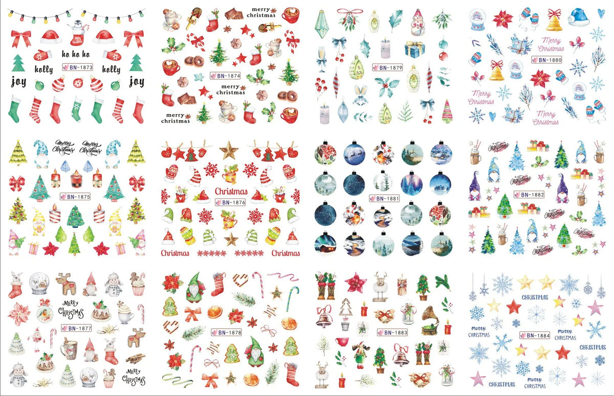 A collection of festive Christmas designs and seasonal motifs for nail art stickers.