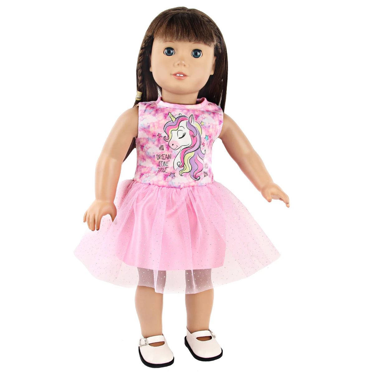 A doll wearing a pink unicorn themed outfit consisting of a top and a tulle skirt.
