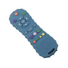 A silicone chew toy shaped like a remote control, featuring buttons and a speaker, in various pastel colors.