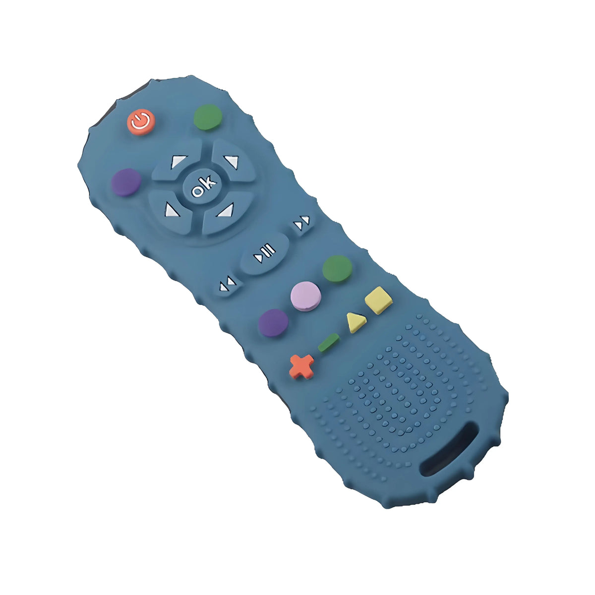 A silicone chew toy shaped like a remote control, featuring buttons and a speaker, in various pastel colors.