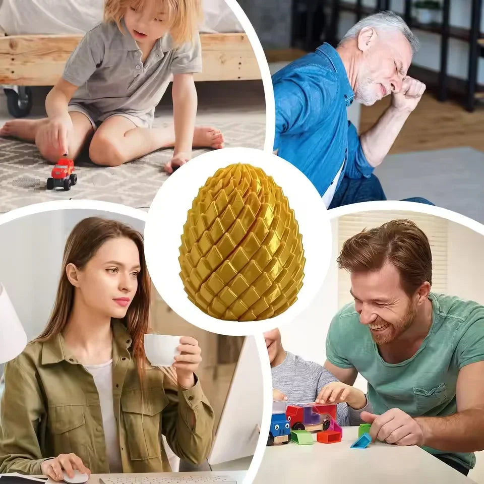 A close-up of a golden dragon egg fidget spinner toy shown in various contexts.